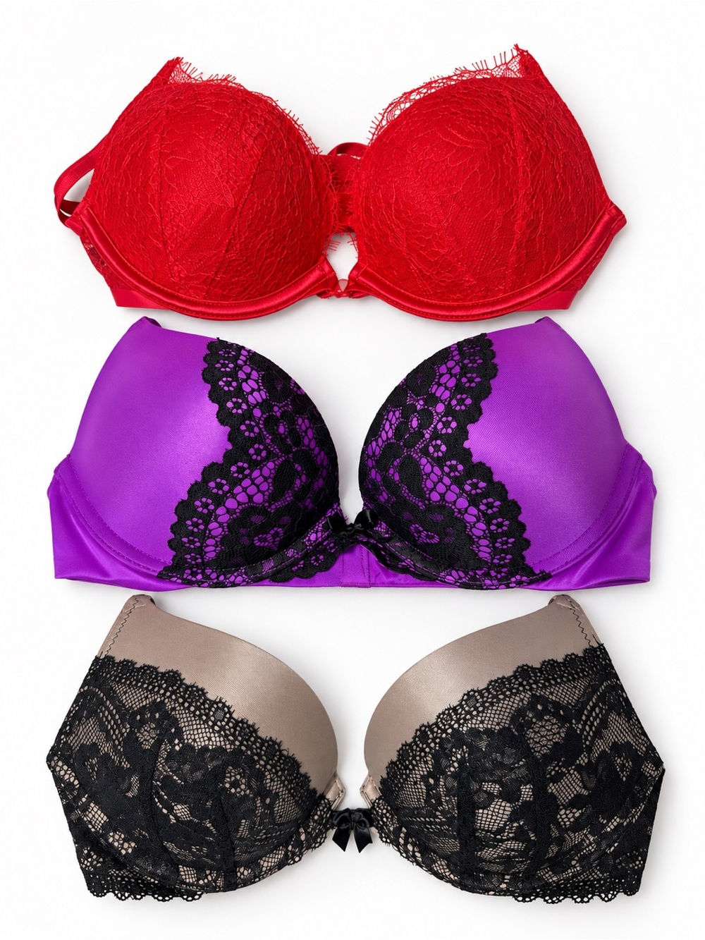 Victoria's Secret Red, Purple & Taupe Lace Push-Up Bra Trio 32a